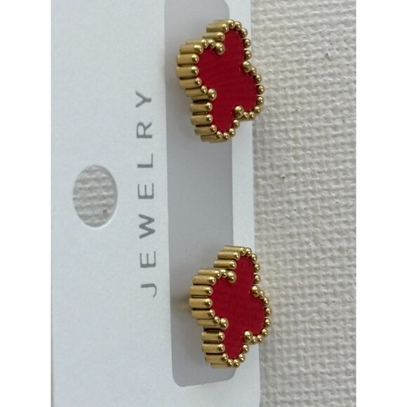 Gold-Tone Red  Stud Earrings With Beaded Edges - Picture 4 of 7